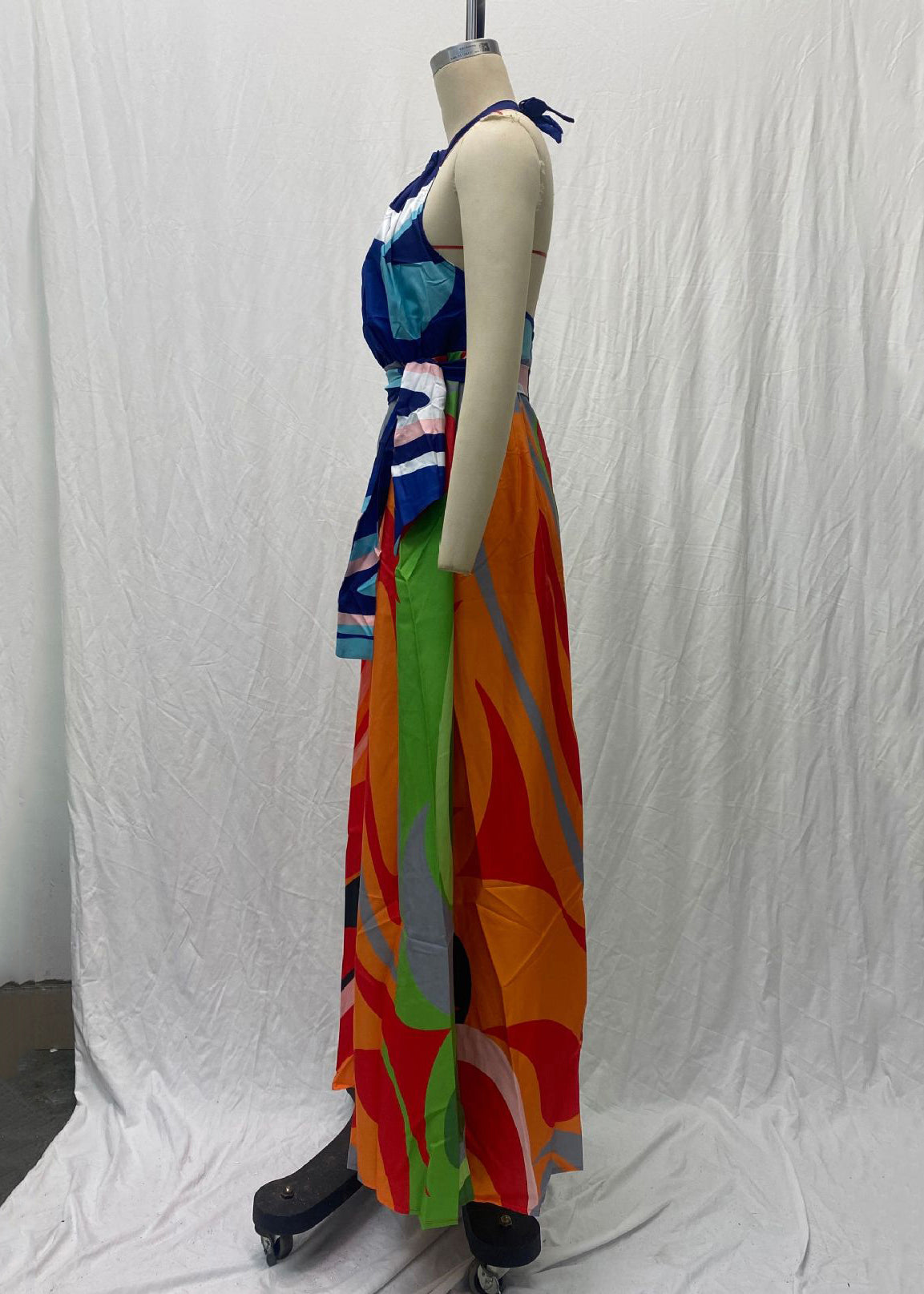 New Colorblock Print Lace Up Backless Cotton Long Dresses Sleeveless Ff102