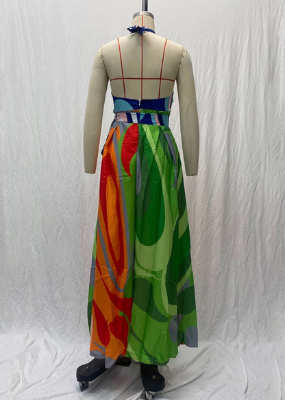 New Colorblock Print Lace Up Backless Cotton Long Dresses Sleeveless Ff102
