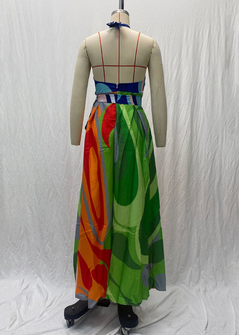 New Colorblock Print Lace Up Backless Cotton Long Dresses Sleeveless Ff102