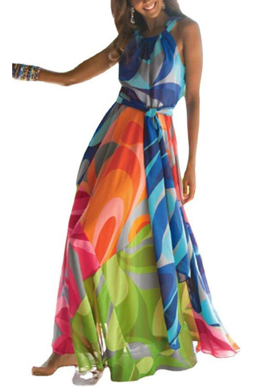 New Colorblock Print Lace Up Backless Cotton Long Dresses Sleeveless Ff102