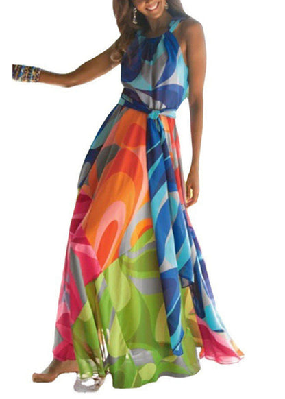 New Colorblock Print Lace Up Backless Cotton Long Dresses Sleeveless Ff102