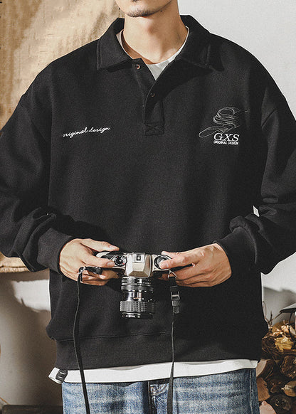 Tc029 New Coffee Polo Cotton Dark Embroideried Sweatshirt Spring Button