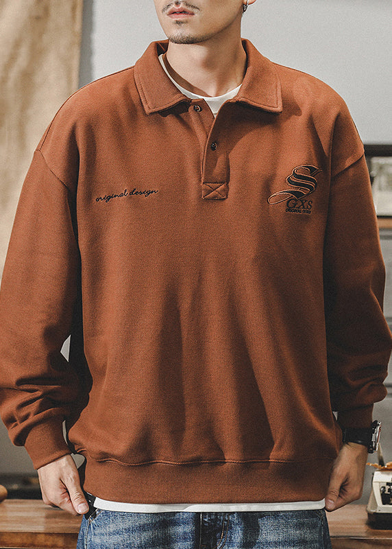 Tc029 New Coffee Polo Cotton Dark Embroideried Sweatshirt Spring Button
