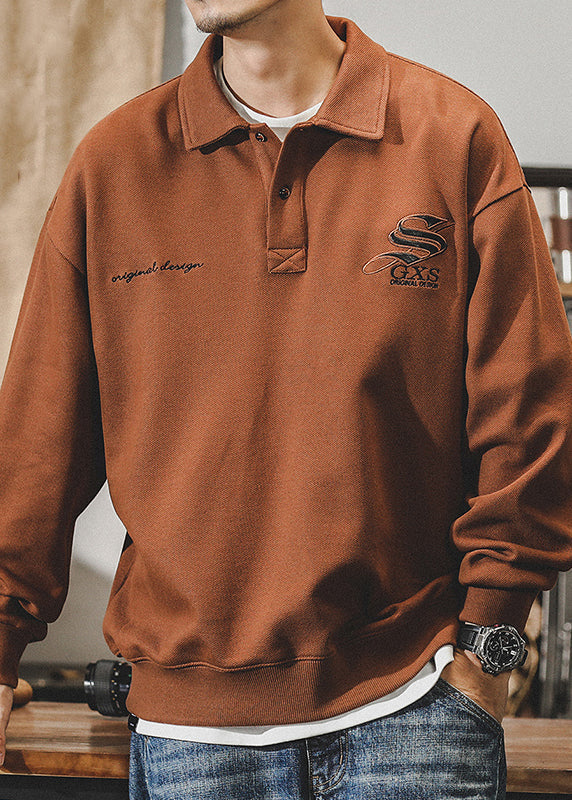 Tc029 New Coffee Polo Cotton Dark Embroideried Sweatshirt Spring Button
