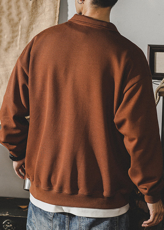 Tc029 New Coffee Polo Cotton Dark Embroideried Sweatshirt Spring Button
