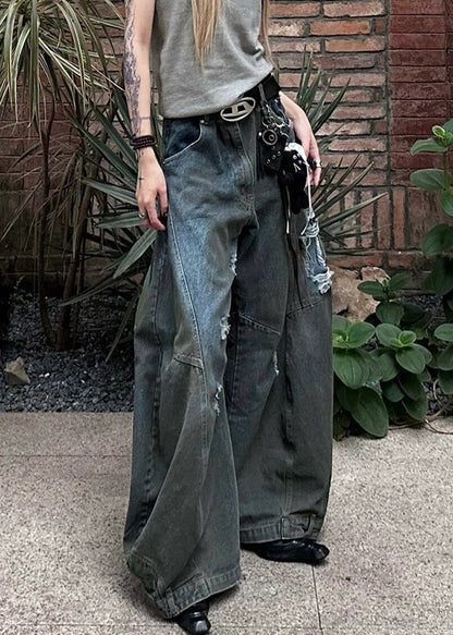 New Dark Gray Hole Pockets Denim Wide Leg Pants Summer Aw1021