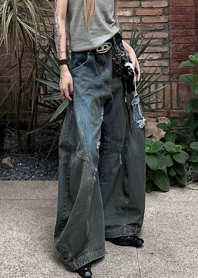 New Dark Gray Hole Pockets Denim Wide Leg Pants Summer Aw1021