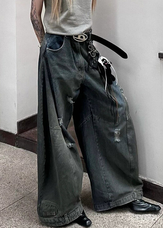 New Dark Gray Hole Pockets Denim Wide Leg Pants Summer Aw1021