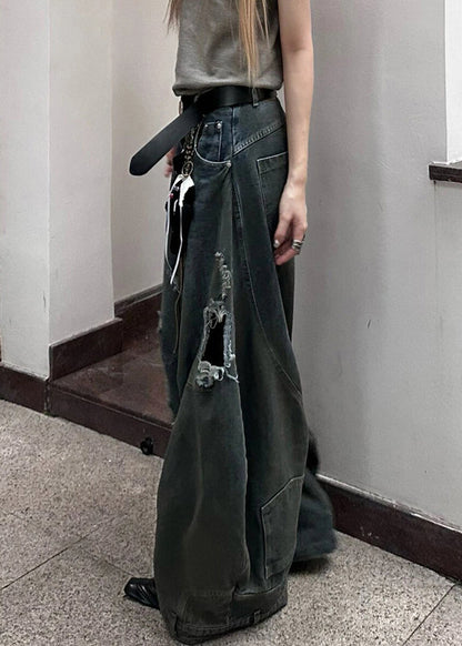 New Dark Gray Hole Pockets Denim Wide Leg Pants Summer Aw1021