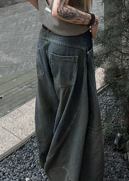 New Dark Gray Hole Pockets Denim Wide Leg Pants Summer Aw1021