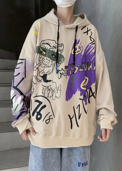 New Dark Gray Hooded Print Cotton Sweatshirt Fall Rp056