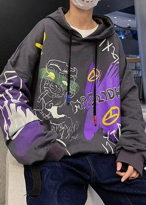 New Dark Gray Hooded Print Cotton Sweatshirt Fall Rp056