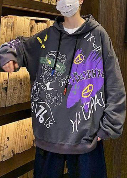 New Dark Gray Hooded Print Cotton Sweatshirt Fall Rp056
