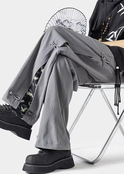 New Dark Grey Chinese Button Ice Silk Straight Leg Pants Summer Yt053