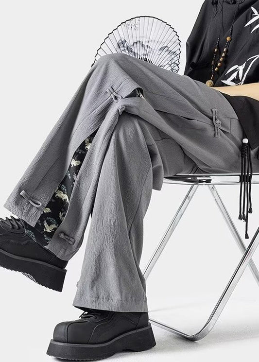 New Dark Grey Chinese Button Ice Silk Straight Leg Pants Summer Yt053