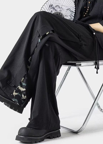 New Dark Grey Chinese Button Ice Silk Straight Leg Pants Summer Yt053