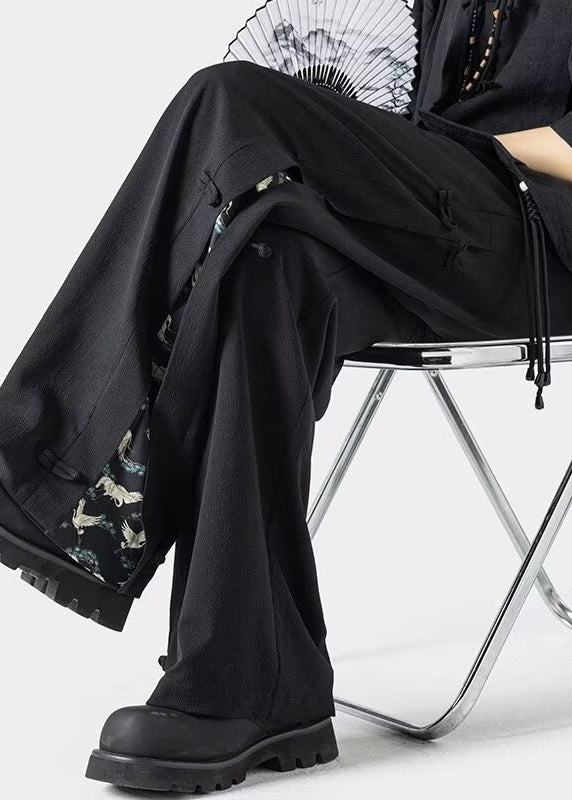 New Dark Grey Chinese Button Ice Silk Straight Leg Pants Summer Yt053