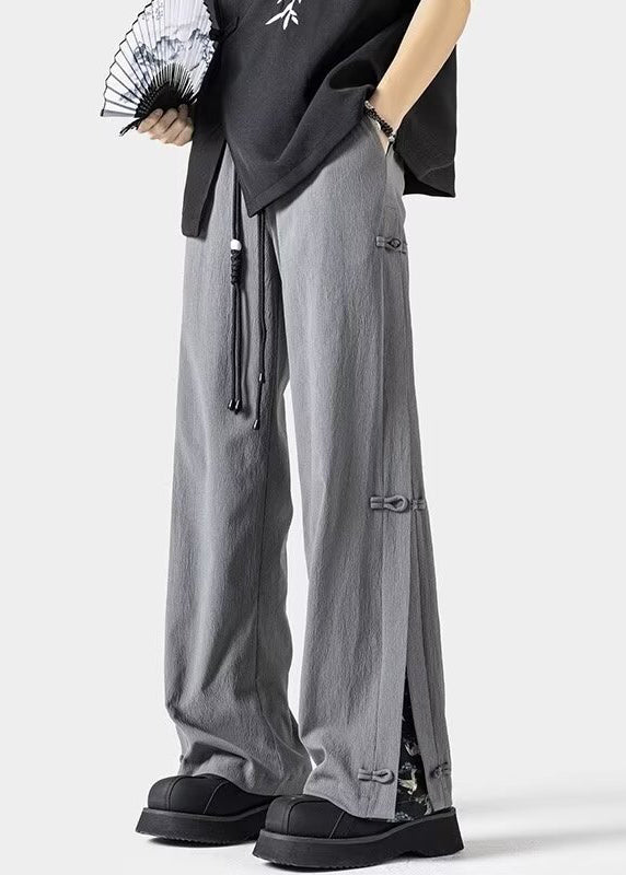 New Dark Grey Chinese Button Ice Silk Straight Leg Pants Summer Yt053
