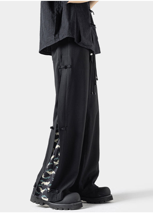 New Dark Grey Chinese Button Ice Silk Straight Leg Pants Summer Yt053