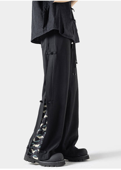 New Dark Grey Chinese Button Ice Silk Straight Leg Pants Summer Yt053