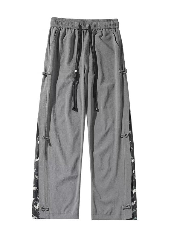 New Dark Grey Chinese Button Ice Silk Straight Leg Pants Summer Yt053