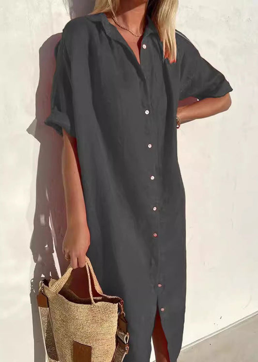 New Dark Grey Peter Pan Collar Button Cotton Blouse Dress Summer Ff030