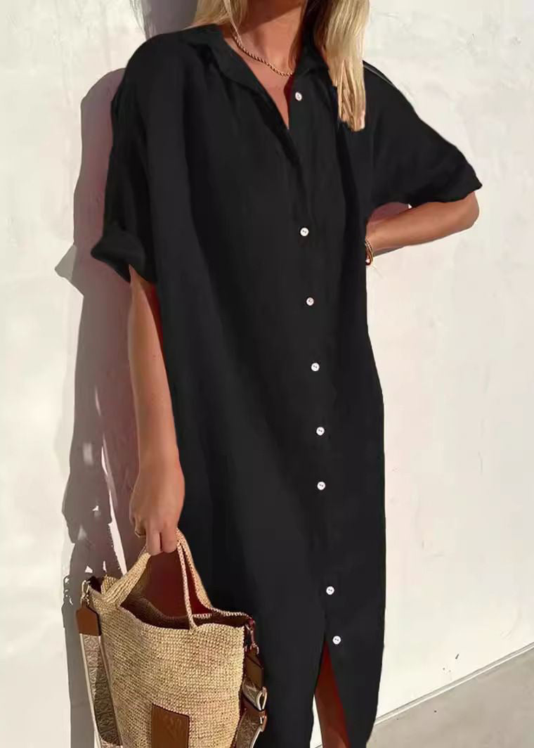 New Dark Grey Peter Pan Collar Button Cotton Blouse Dress Summer Ff030
