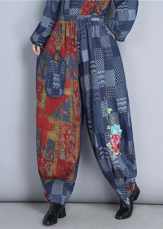 New Denim Blue Embroidered Pockets Cotton Pants Spring As1064