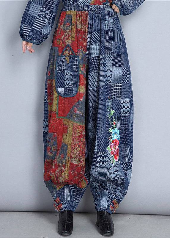 New Denim Blue Embroidered Pockets Cotton Pants Spring As1064