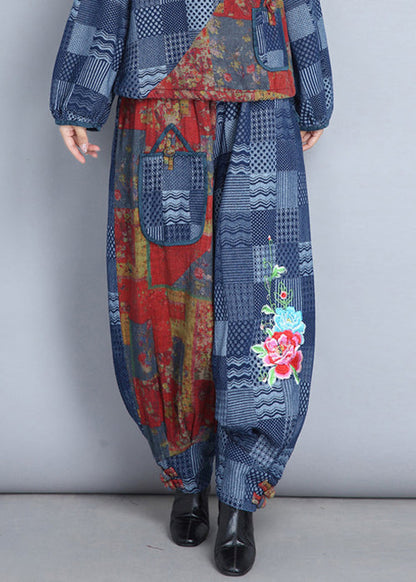 New Denim Blue Embroidered Pockets Cotton Pants Spring As1064