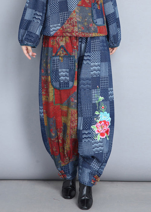 New Denim Blue Embroidered Pockets Cotton Pants Spring As1064