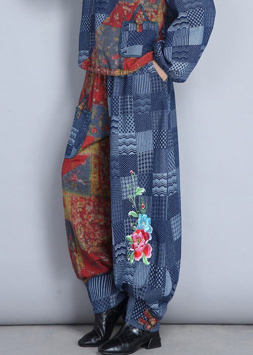 New Denim Blue Embroidered Pockets Cotton Pants Spring As1064