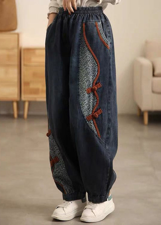 New Denim Blue Pockets Elastic Waist Patchwork Crop Pants Fall Mn072