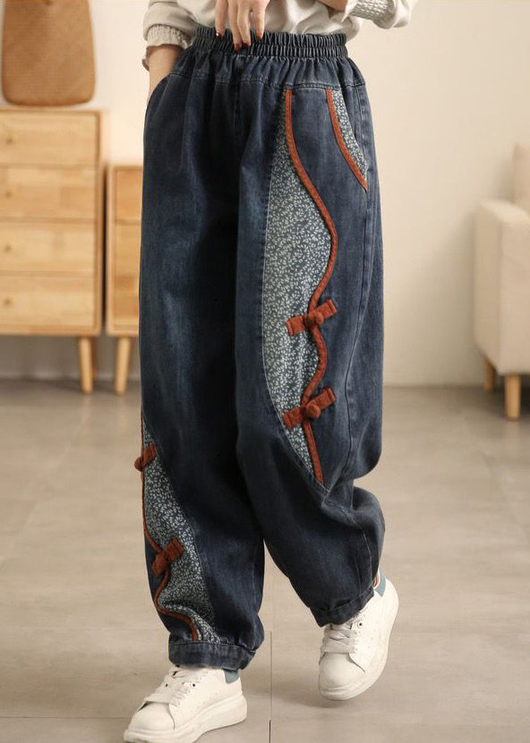 New Denim Blue Pockets Elastic Waist Patchwork Crop Pants Fall Mn072