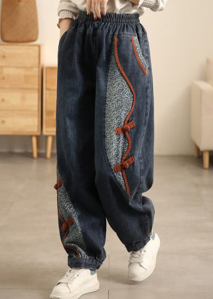 New Denim Blue Pockets Elastic Waist Patchwork Crop Pants Fall Mn072