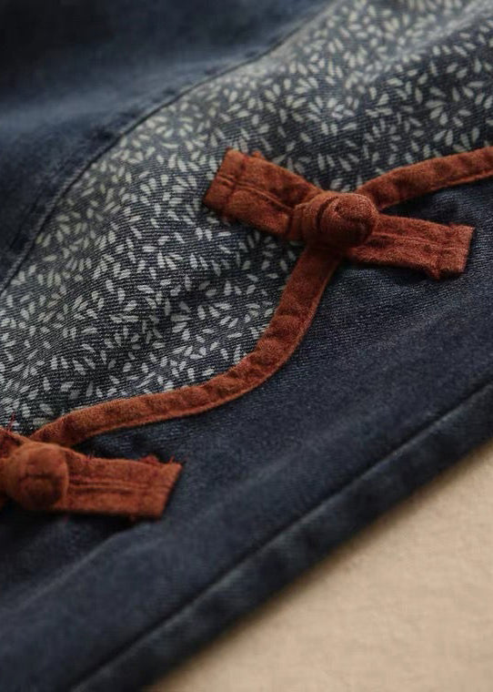 New Denim Blue Pockets Elastic Waist Patchwork Crop Pants Fall Mn072