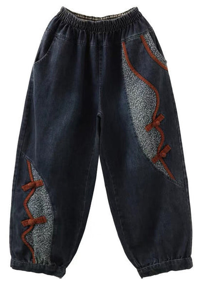 New Denim Blue Pockets Elastic Waist Patchwork Crop Pants Fall Mn072