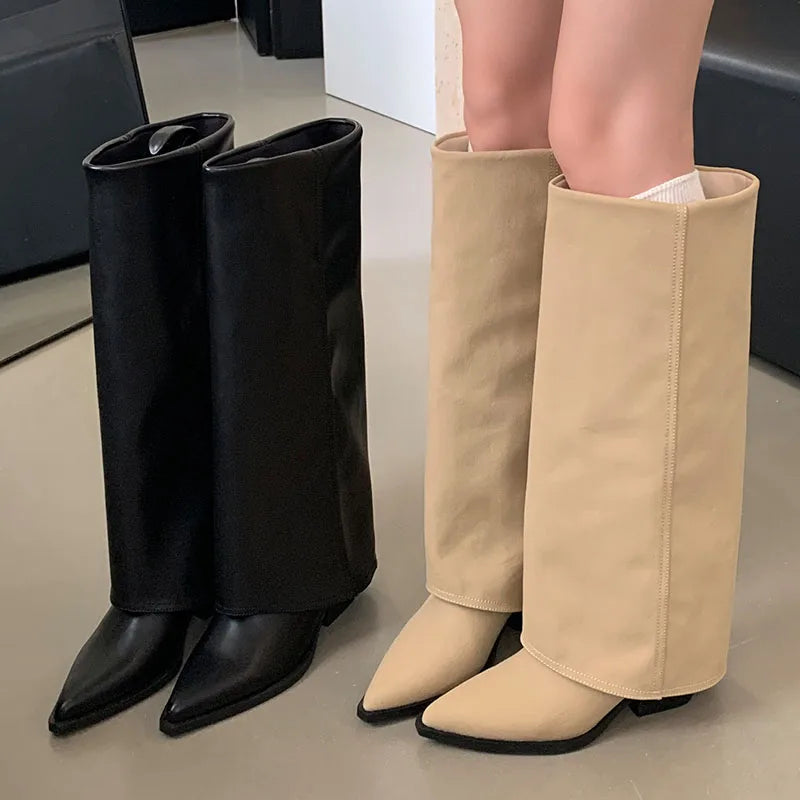 New Pointed Toe Modern Long Booties Denim Knee High Boots With Heels Pumps Shoes Female Slip on Footwear