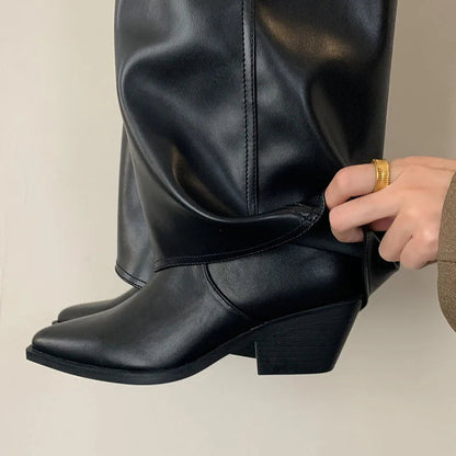 New Pointed Toe Modern Long Booties Denim Knee High Boots With Heels Pumps Shoes Female Slip on Footwear