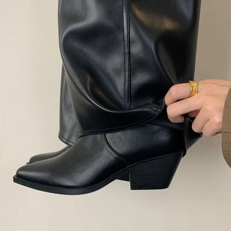 New Pointed Toe Modern Long Booties Denim Knee High Boots With Heels Pumps Shoes Female Slip on Footwear