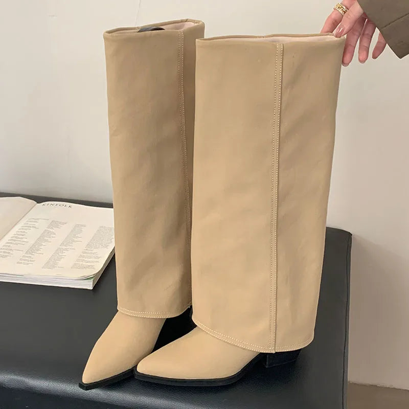 New Pointed Toe Modern Long Booties Denim Knee High Boots With Heels Pumps Shoes Female Slip on Footwear