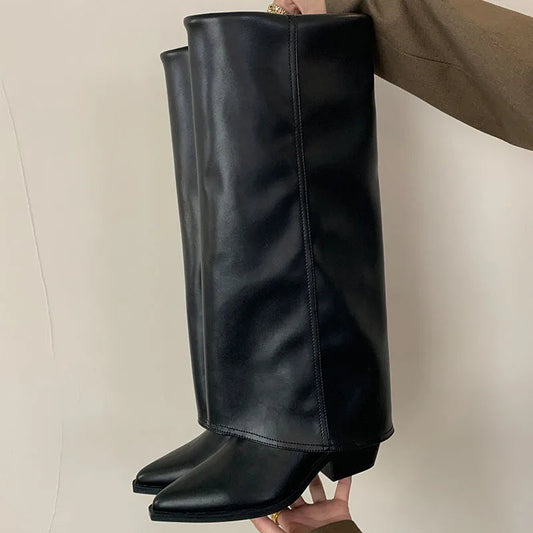 New Pointed Toe Modern Long Booties Denim Knee High Boots With Heels Pumps Shoes Female Slip on Footwear