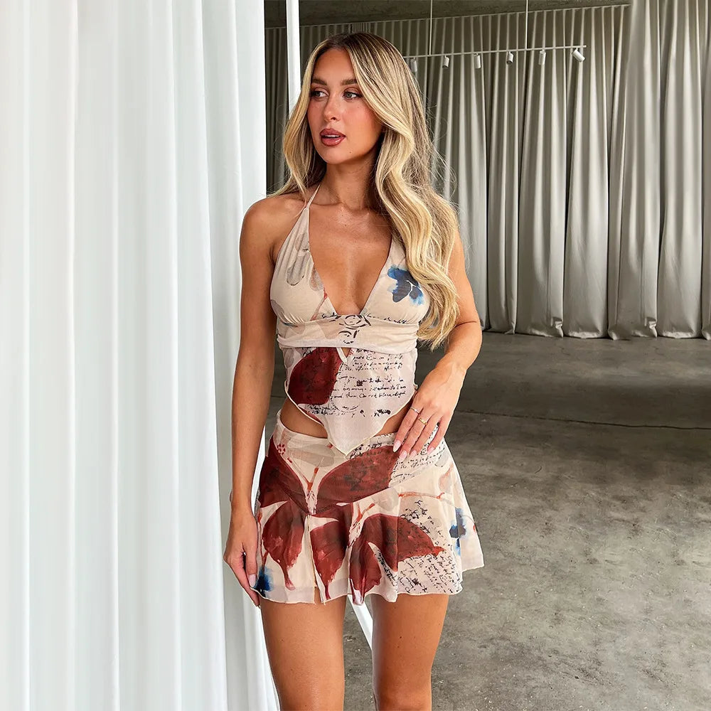 Dressbetty - Deep V-neck Halter Mini Skirt