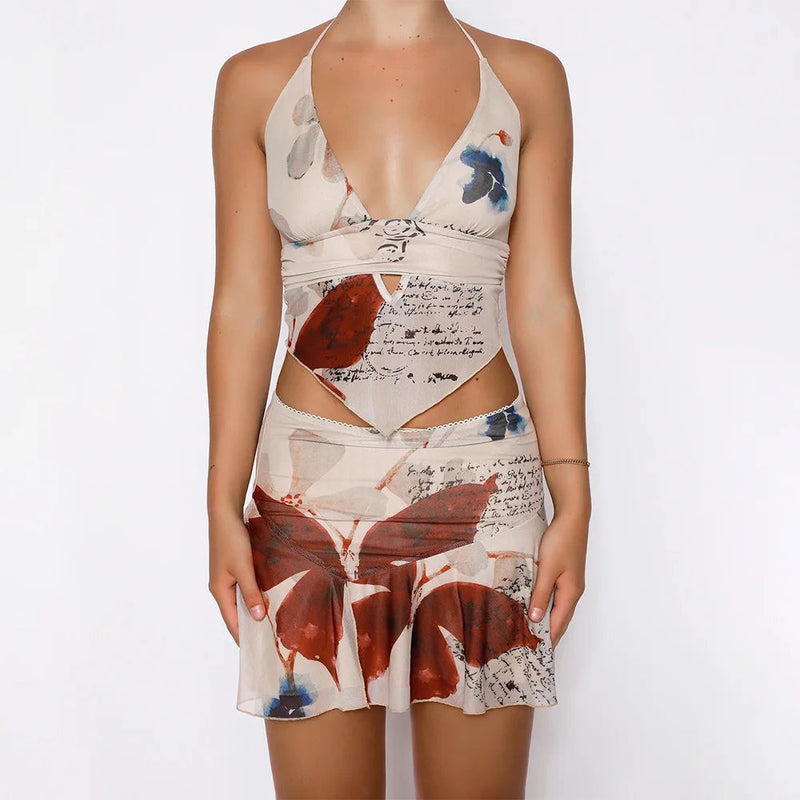 Dressbetty - Deep V-neck Halter Mini Skirt
