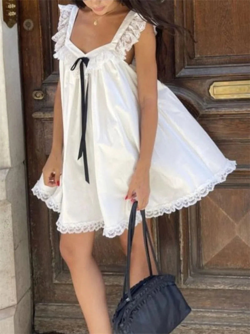 Lace Bowknot Embellished Mini Dress