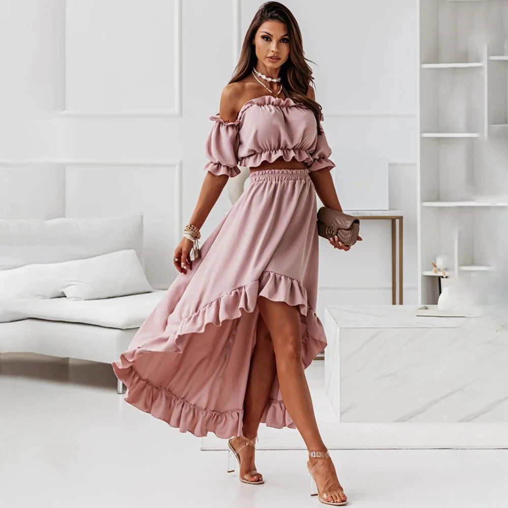 Dressbetty - Summer Ruffles Off Shoulder Irregular Long Skirt