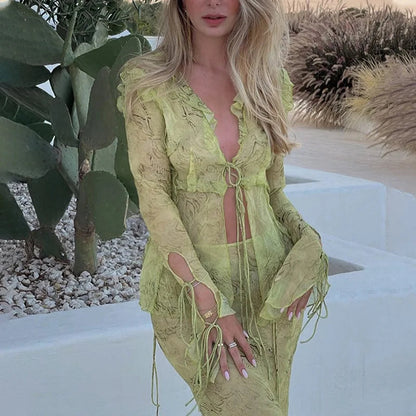 Y2k Print Mesh Long Sleeve Top Maxi Skirt
