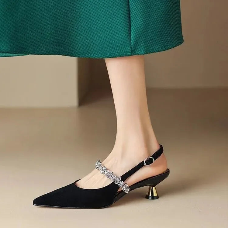 Summer Shiny Straps Pointed Toe Slingbacks Shoes Low Heel Pumps