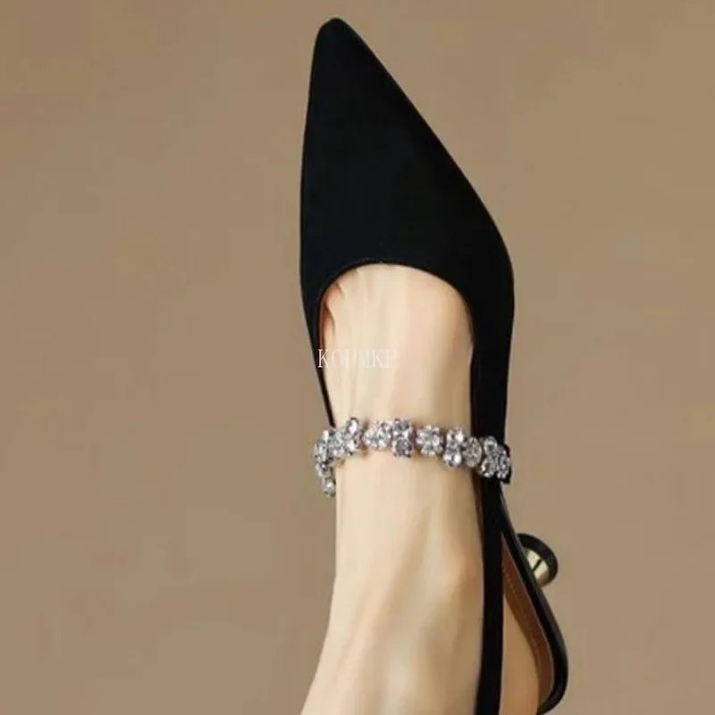 Summer Shiny Straps Pointed Toe Slingbacks Shoes Low Heel Pumps