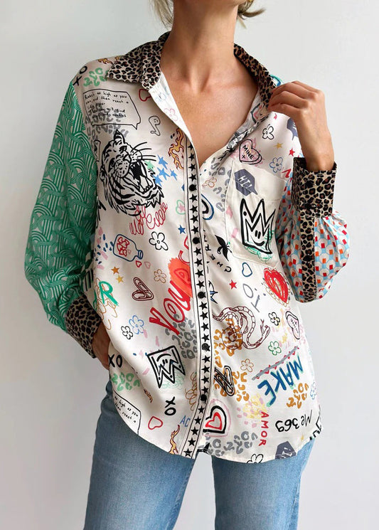 New Green Button Print Patchwork Cotton Blouses Spring Ff103